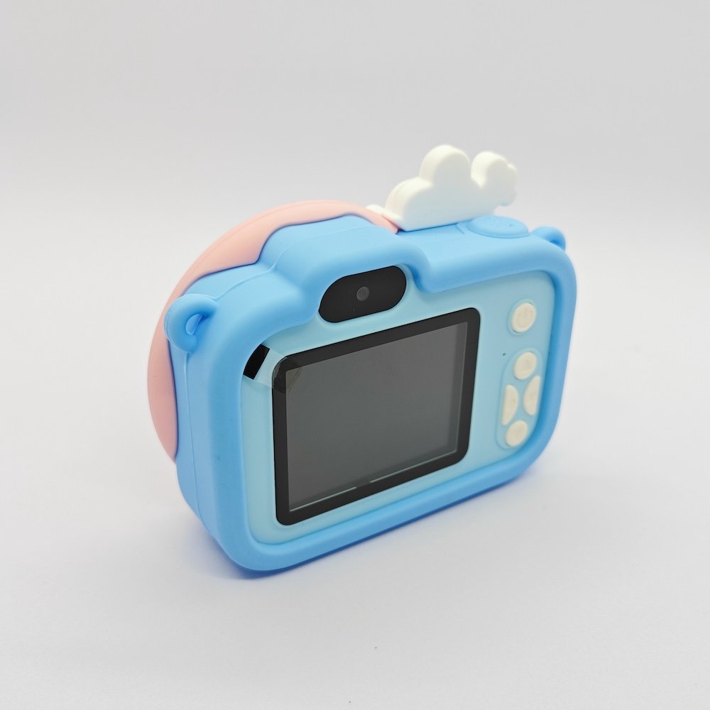 Back view of CE/RoHS certified Y8 donut kids camera with blue silicone case, featuring an HD 2.0-inch screen and white buttons.