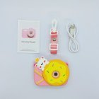 Wholesale full Y8 kids camera kit including pink silicone case with yellow donut on it, USB cable, lanyard and manual for toy distributors.