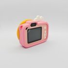 Back view of CE/RoHS certified Y8 donut kids camera with pink silicone case, featuring an HD 2.0-inch screen and white buttons.