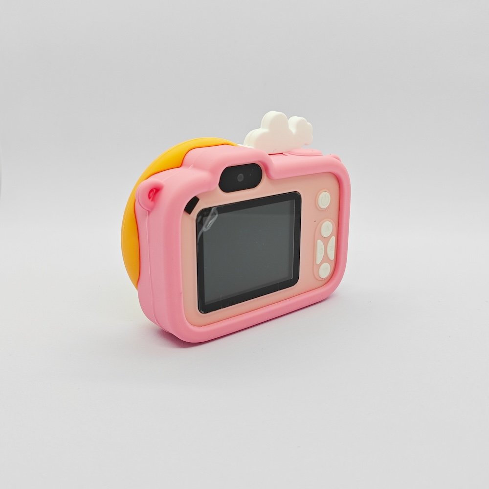 Back view of CE/RoHS certified Y8 donut kids camera with pink silicone case, featuring an HD 2.0-inch screen and white buttons.