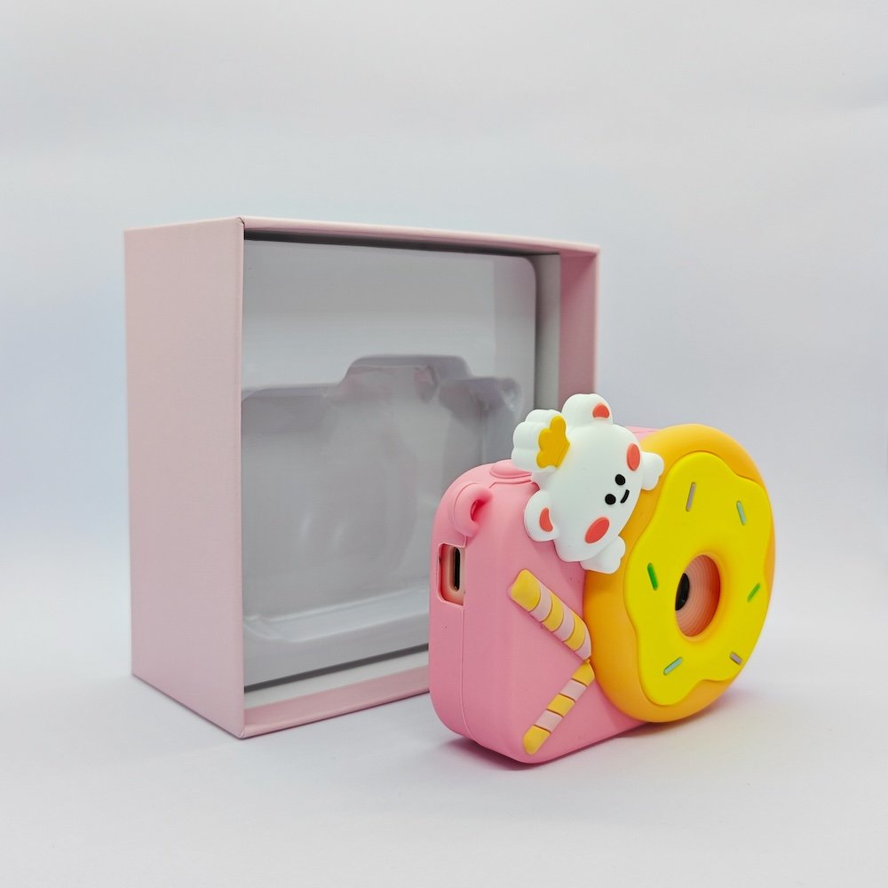 Y8 pink donut kids digital camera with protective gift box with CE certified for global gift distributors.