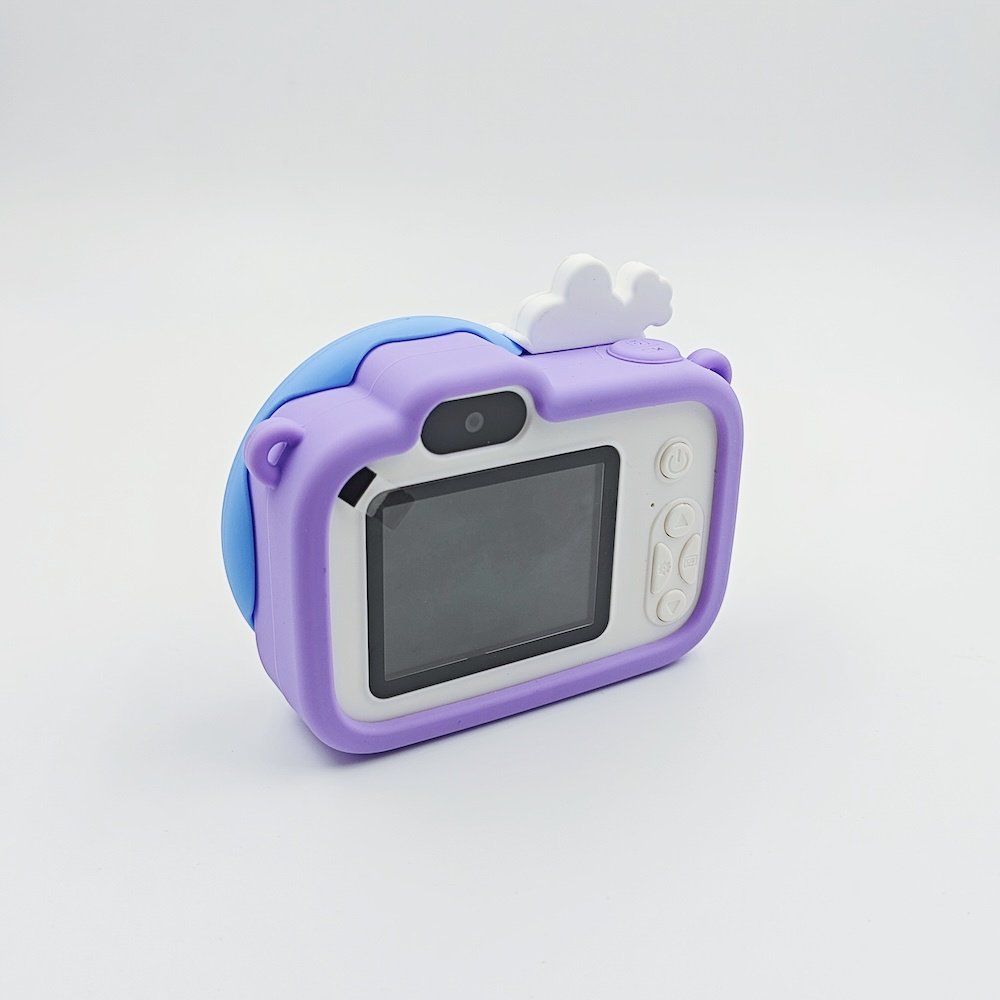 Back view of CE/RoHS certified Y8 donut kids camera with purple silicone case, featuring an HD 2.0-inch screen and white buttons.