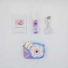 Wholesale full Y8 kids camera kit including purple silicone case with blue donut on it, USB cable, lanyard and manual for toy distributors.