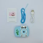 Full kit of Y8 kids camera with blue panda silicone cover, blue lanyard, USB cable and instruction for gift retailers.