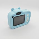 Back view of Y8 panda kids digital camera with blue panda silicone case, HD selfies lens, rear screen and white buttons for toy wholesalers.