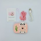 Full kit of Y8 kids camera with pink panda silicone cover, pink lanyard, USB cable and instruction for gift retailers.
