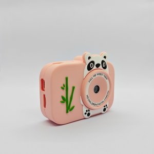 Wholesale Y8 kids camera with panda and bamboo on pink silicone case, featuring HD front lens, memory card slot and charging port, for kids toy retailers.