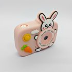 Wholesale Y8 kids toy camera with rabbit and carrot on pink silicone case, showing HD front lens, China factory.