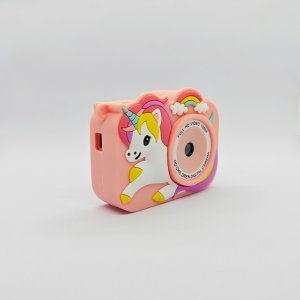 Wholesale Y8 unicorn kids digital camera with pink silicone case, featuring Type-C charging port and HD front lens.