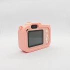 Rear view of Y8 kids camera in pink with unicorn silicone cover, integrated screen and white buttons for kids tech toy distributors.