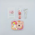 Full set of Y8 kids camera in pink unicorn and rainbow silicone cover, manual, lanyard and USB cable, fully CE/RoHS certified.