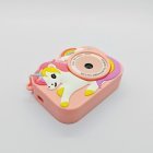 Top view of Y8 kids camera with pink unicorn and rainbow silicone cover, showing HD front camera and charging port, China factory wholesale.
