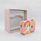 Y8 kids camera with pink unicorn and rainbow silicone case and pink protective gift box for kids electronics retailers.