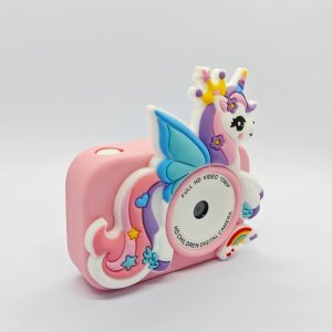 Wholesale Y8 kids digital camera with pink winged unicorn silicon cover, CE certified.