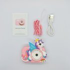 Complete kit of Y8 kids digital camera with pink winged unicorn silicone cover, manual, pink lanyard and USB cable for B2B wholesale.