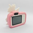 Rear view of compliant Y8 kids camera with pink winged unicorn case, integrated HD screen and white buttons for toy retailers.