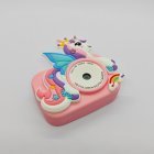 Top view of Y8 pink kids camera with winged unicorn design, HD dual lens, lightweight and portable.