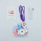 Complete kit of Y8 kids digital camera with purple winged unicorn silicone cover, manual, purple lanyard and USB cable for B2B wholesale.