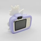Rear view of compliant Y8 kids camera with purple winged unicorn case, integrated HD screen and white buttons for toy retailers.