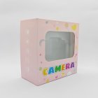 Details of kids camera gift box packaging in pink.