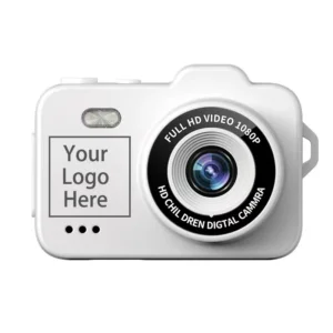 Diagram showing the custom logo printing area on the ABS shell of Qisora M8 kids mini camera.