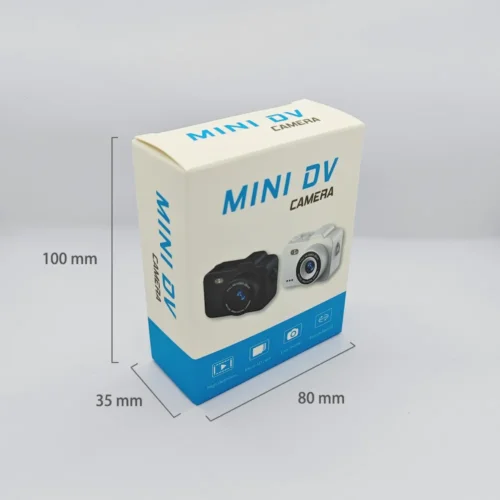 Dimension chart of the packaging box for Qisora M8 classic kids toy camera showing its size: 80 mm length, 35 mm width, 100 mm height.