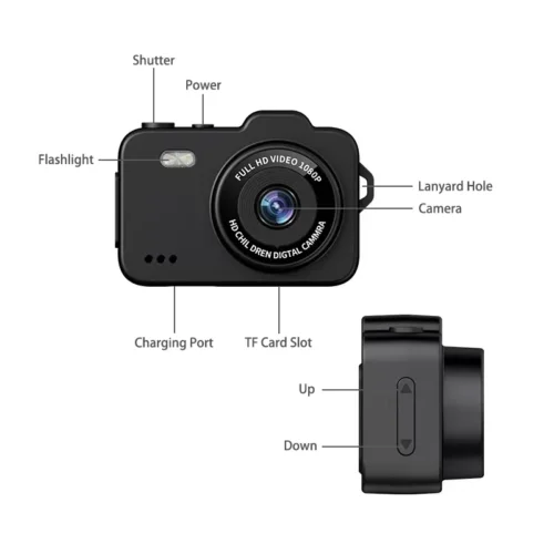 Qisora M8 mini kids toy camera diagram showing the product structure, including power button, shutter button, camera, navigation buttons, flashlight, charging port, and TF card slot.