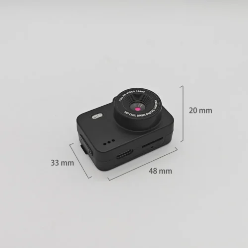 Dimension chart of the Qisora M8 winged unicorn kids camera showing its size: 48 mm length, 20 mm width, 33 mm height.