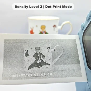 Real black-and-white thermal paper print sample of Y300H kids instant print camera, showing high-contrast output in dot print mode at density level 2.