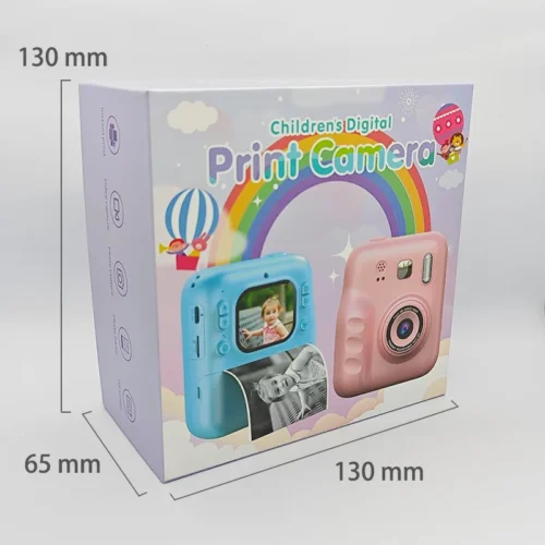 Dimension chart of the packaging box for Qisora Y350 kids instant print camera showing its size: 130 mm length, 65 mm width, 130 mm height.