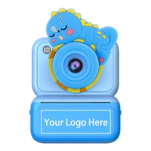 Diagram showing the custom logo printing area on the ABS shell of Qisora Y350 dinosaur kids instant print camera.