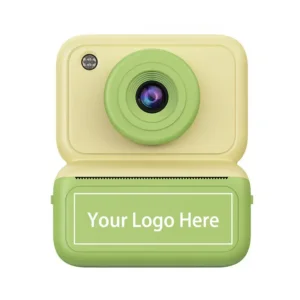 Diagram showing the custom logo printing area on the ABS shell of Qisora Y350 modern kids instant print camera.