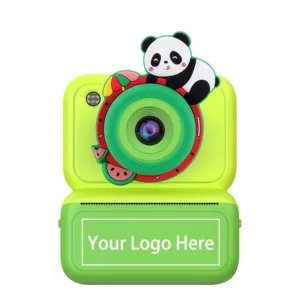 Diagram showing the custom logo printing area on the ABS shell of Qisora Y350 panda kids instant print camera.
