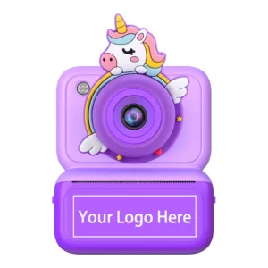 Diagram showing the custom logo printing area on the ABS shell of Qisora Y350 unicorn kids instant print camera.