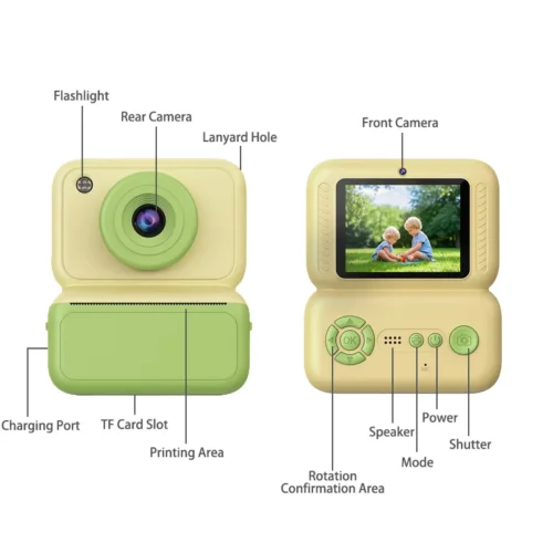 Qisora Yellow Y350 kids instant print camera diagram showing the product structure, including shutter button, dual lens, flashlight, charging port, and TF card slot.