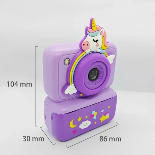 Dimension chart of the Qisora Y350 Unicorn kids instant print camera showing its size: 86 mm length, 30 mm width, 104 mm height.