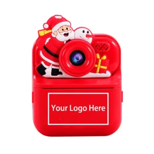 Diagram showing the custom logo printing area on the ABS shell of Qisora Y900 Christmas kids instant print camera.