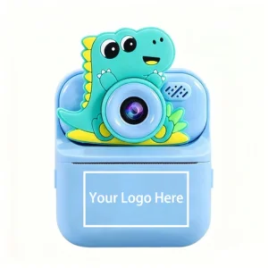 Diagram showing the custom logo printing area on the ABS shell of Qisora Y900 dinosaur kids instant print camera.