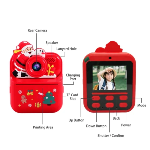 Qisora Red Christmas Y900 kids instant print camera diagram featuring the product structure, including rear lens, screen, TF card slot, buttons, and printing area.