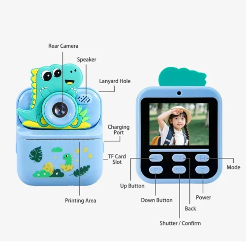 Qisora Y900 dino kids instant print camera diagram showing the product structure, including up&down button, lens, screen, charging port, and printing area.