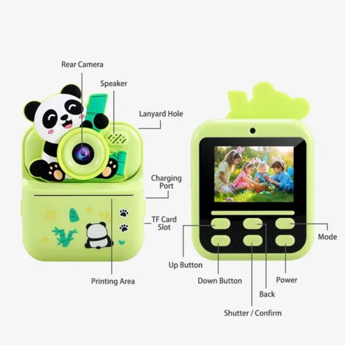 Qisora Y900 panda kids instant print camera diagram showing the product structure, including shutter button, lens, screen, charging port, and TF card slot.