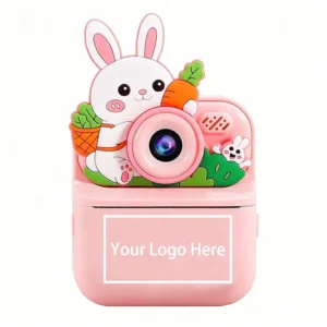 Diagram showing the custom logo printing area on the ABS shell of Qisora Y900 rabbit kids instant print camera.