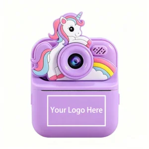 Diagram showing the custom logo printing area on the ABS shell of Qisora Y900 unicorn kids instant print camera.