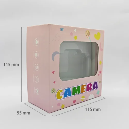 Dimension chart of the packaging box for Qisora Y6 kids digital camera with stand showing its size: 115 mm length, 55 mm width, 115 mm height.