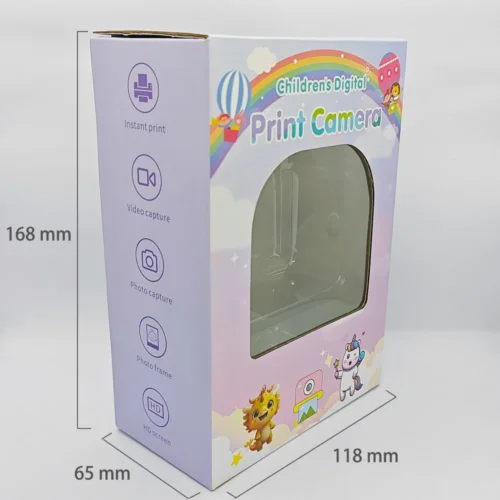 Dimension chart of the packaging box for Qisora Y350 kids instant print camera showing its size: 118 mm length, 65 mm width, 168 mm height.