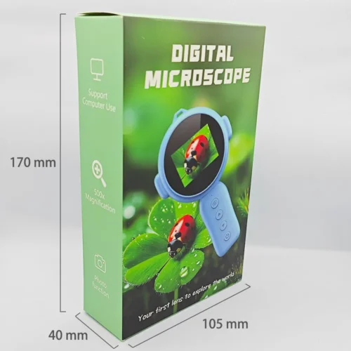 Qisora Y11 kids toy camera handheld magnifier packaging box dimensions: 105 mm long, 40 mm wide, 170 mm high.