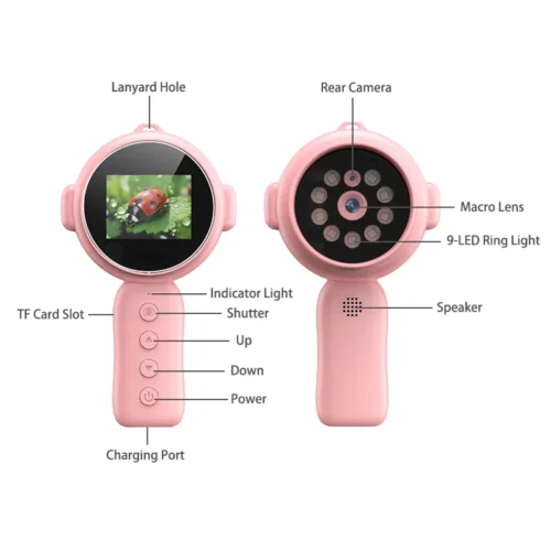 Qisora Y11 kids toy camera handheld magnifier diagram showing the product structure, including navigation buttons, rear camera, macro lens, 9-LED ring light and TF card slot.