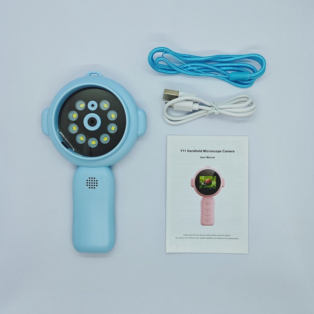 Portable Y11 blue kids microscope set including USB cable, lanyard and user manual for retail distribution.