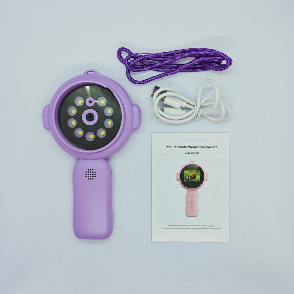 Portable Y11 purple kids microscope set including USB cable, lanyard and user manual for retail distribution.