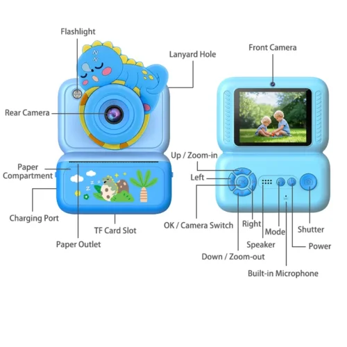 Qisora Y350 Dinosaur kids instant print camera diagram showing the product structure, including power button, navigation buttons, dual lens, printer paper slot, charging port, and TF card slot.